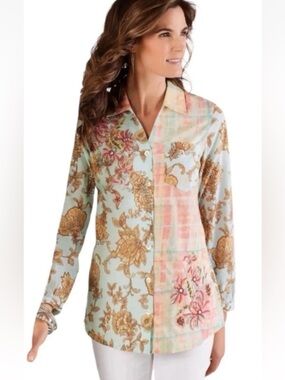 Soft Surroundings Descana Button Up Tunic Women's Sz L Embellished Lightweight